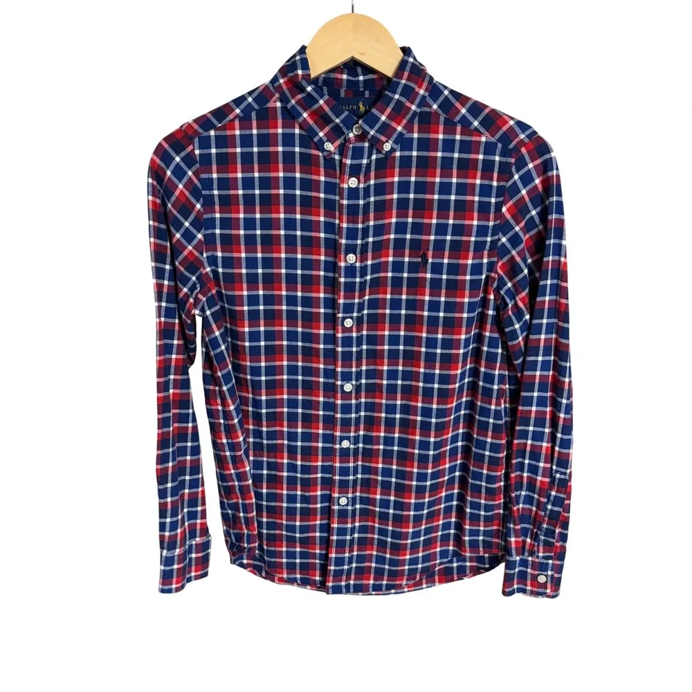 Kids Ralph Lauren Plaid Button Down Shirt‎ Long Sleeve Blue Red White Size L G